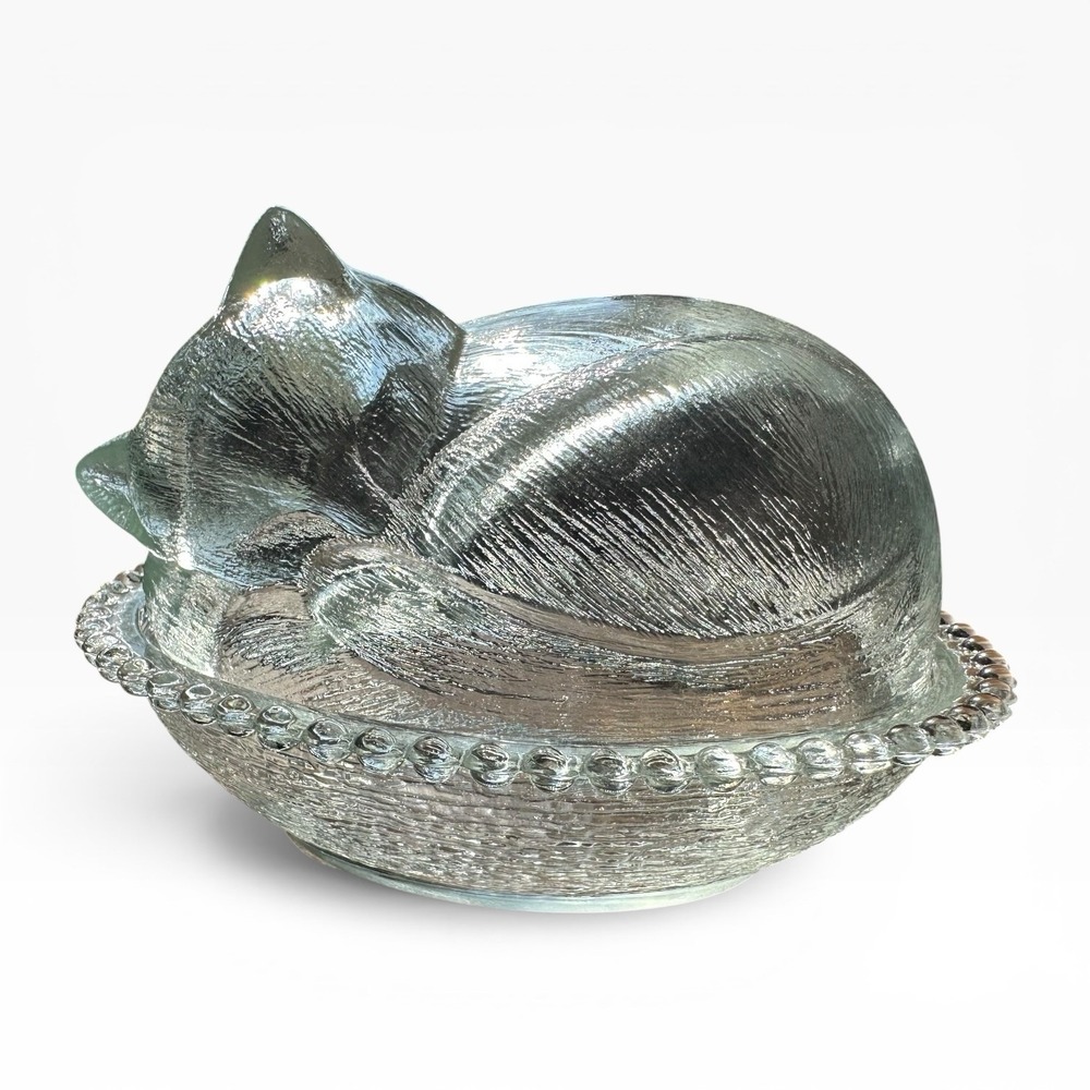 Indiana Glass Cat Kitty Kitten On Nest Crystal Candy Box Dish Hen on Nest - EUC